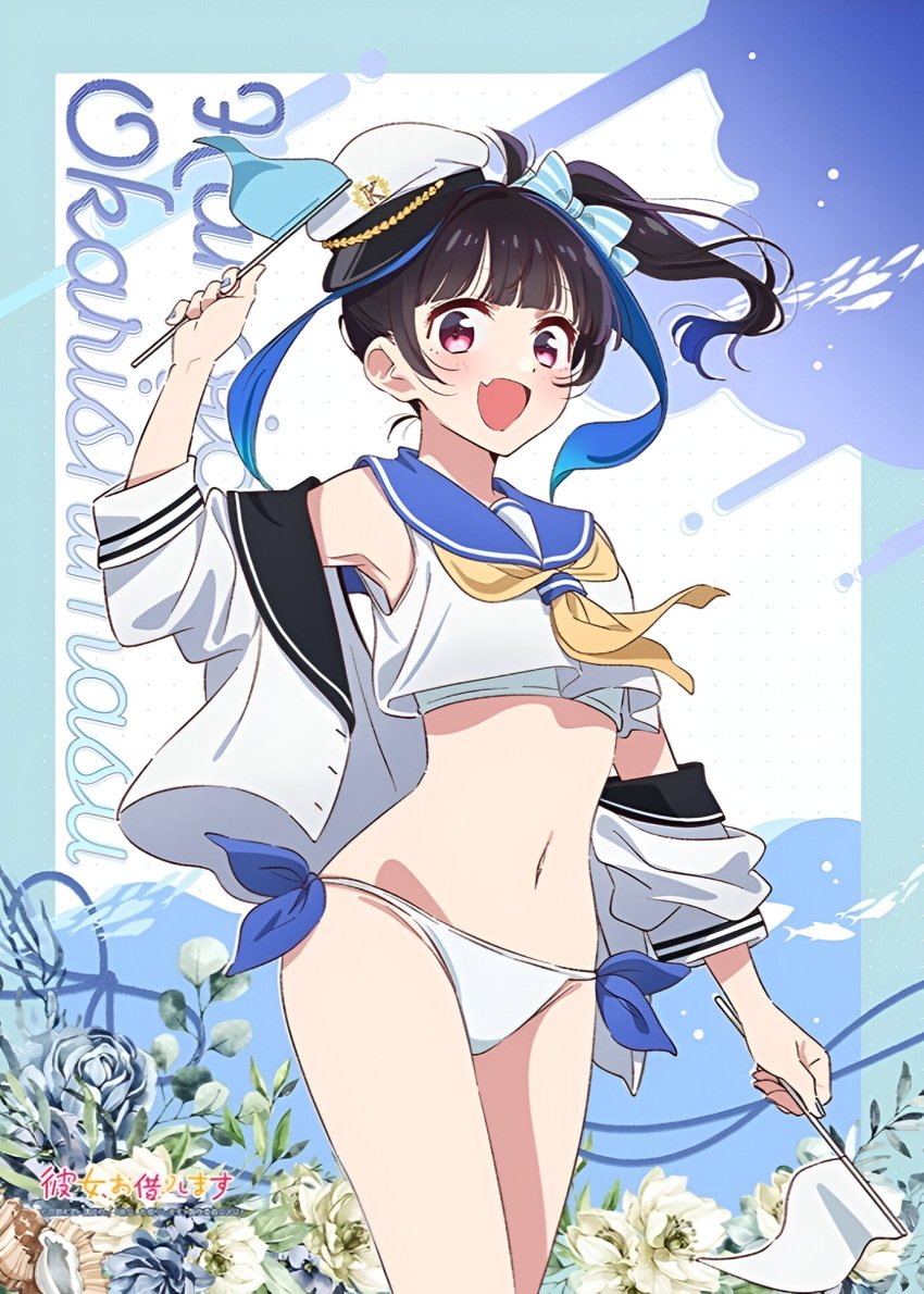 armpits ass_visible_through_thighs bare_belly bare_legs bare_thighs belly_button bikini blush hat kanojo_okarishimasu long_hair multicolored_hair official_art open_jacket open_mouth purple_eyes sailor_shirt smile thighs yaemori_mini