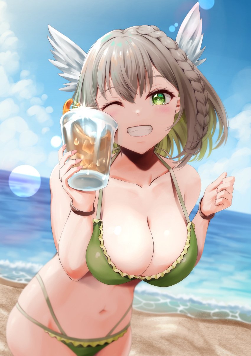 alfhilde astraline bare_midriff bare_shoulders bare_thighs beach bikini bikini_bottom bikini_top bright_pupils brown_hair drink green_bikini green_eyes hayaoki head_wings large_breasts ocean pointy_chin sea seaside smile smiling smiling_at_viewer squeezing_breasts_together valkyrie virtual_youtuber vtuber wink winking winking_at_viewer