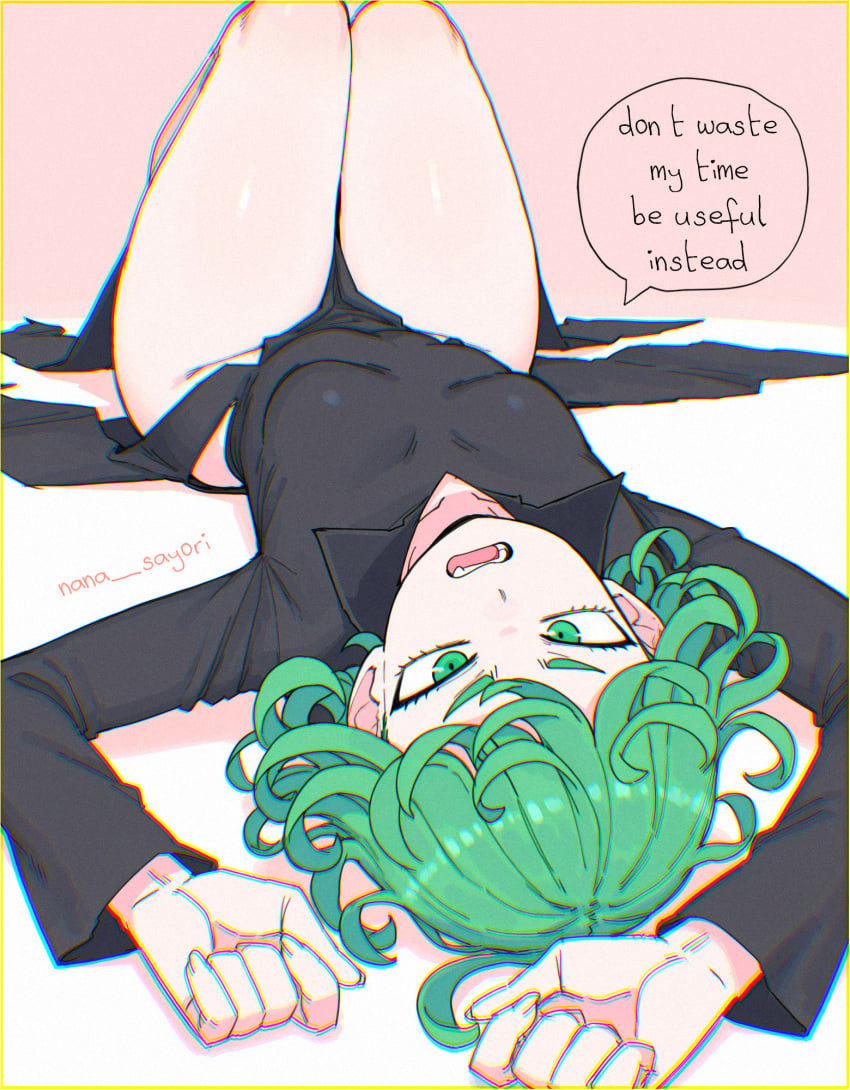 1girls artist_request black_dress breasts covered_navel curly_hair dress green_eyes green_hair looking_at_viewer no_panties one-punch_man open_mouth pelvic_curtain short_hair side_slit solo speech_bubble tatsumaki