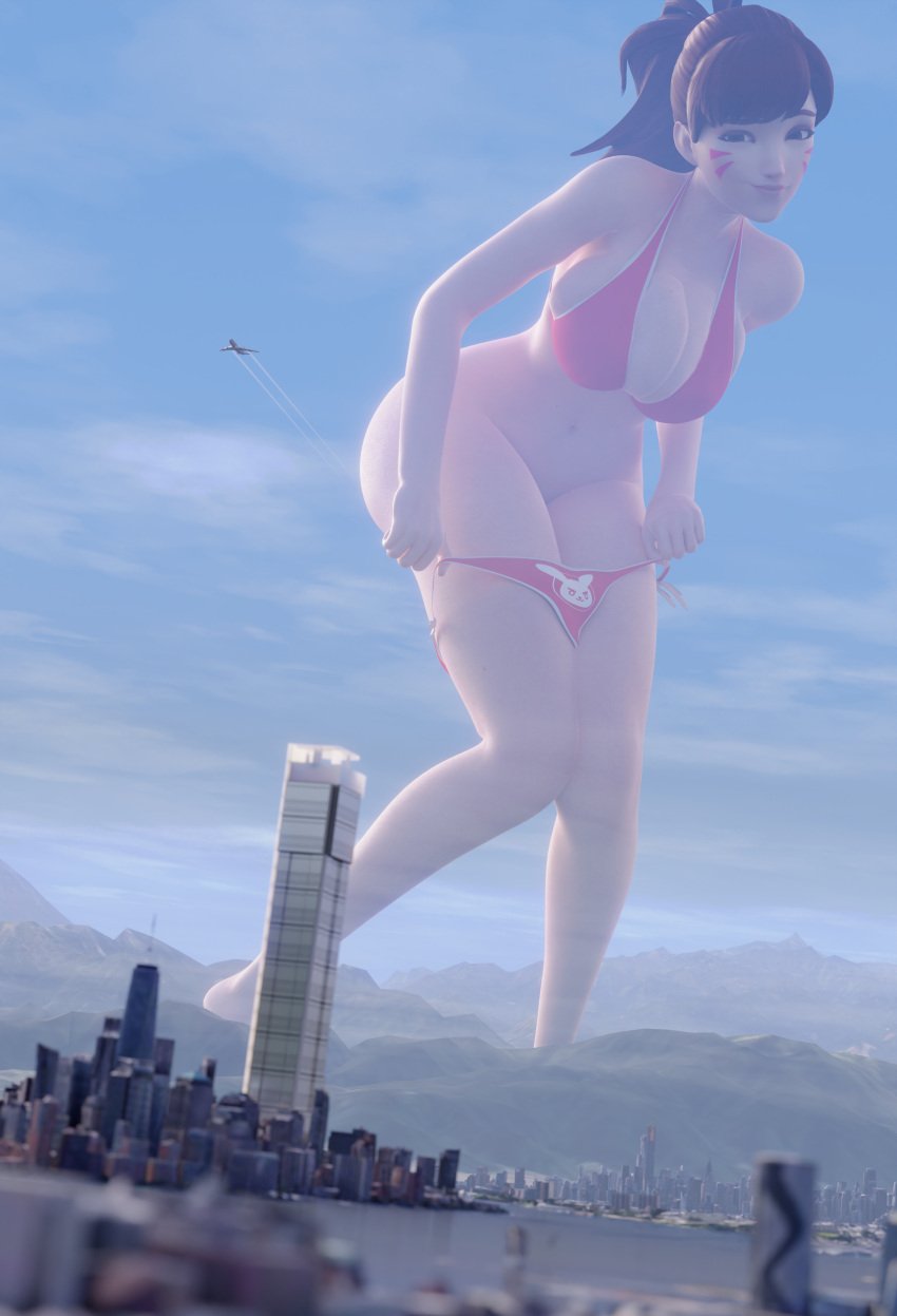 1girls 3d 3d_(artwork) airplane big_breasts bikini blizzard_entertainment breasts brown_hair brown_hair_female cheek_markings city d.va giant_woman giantess hana_song happy happy_female horny horny_female imminent_masturbation implied_masturbation light-skinned_female light_skin macro macro_female mountain mountains overwatch overwatch_2 pink_bikini ponytail skyscraper standing thick_thighs thighs undressing