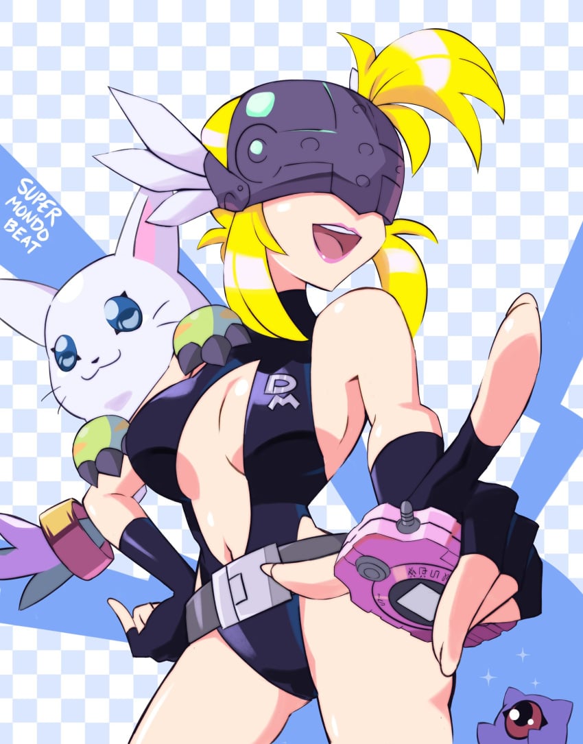 2023 2others :3 angewomon belt blonde_hair blue_eyes breasts cosplay digimon digivice female gatomon highres kasumi_(pokemon)_(cosplay) kuramon large_breasts mask misty_(pokemon)_(cosplay) nintendo parody pokemon pokemon:_the_electric_tale_of_pikachu side_ponytail slingshot_swimsuit smile sparkle style_parody supermondobeat swimsuit wide_hips