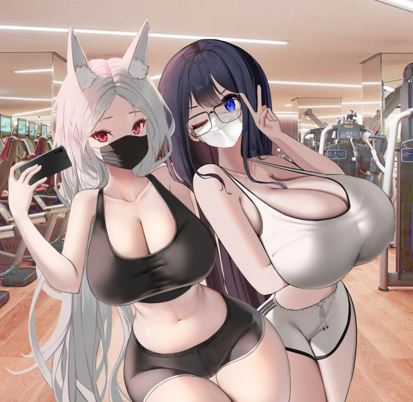 2girls arm_under_breasts black_hair blue_eyes breasts breasts_bigger_than_head cleavage ear_fluff fox_ears glasses gym huge_breasts mask megane-chan_(nicorima) midriff nicorima oc one_eye_closed peace_sign phone red_eyes selfie sports_bra sportswear white_hair