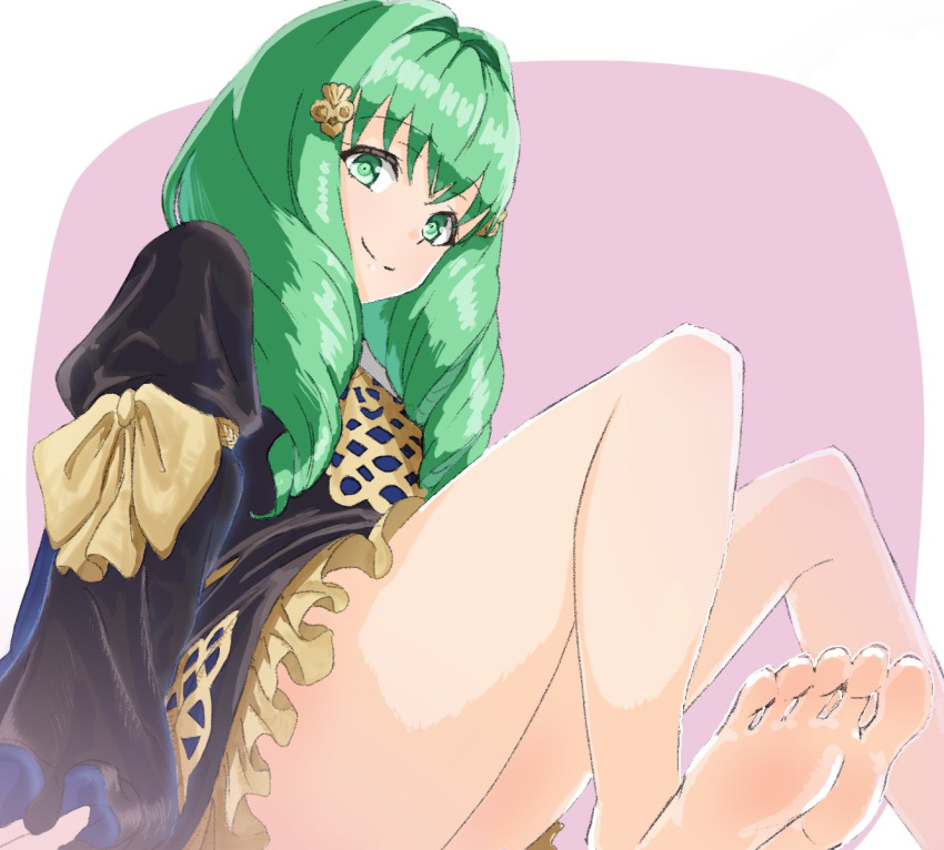 1girls bare_legs barefoot feet fire_emblem fire_emblem:_three_houses flayn_(fire_emblem) foot_focus garreg_mach_monastery_uniform green_eyes green_hair legs looking_at_viewer nintendo smile spdg22 thighs