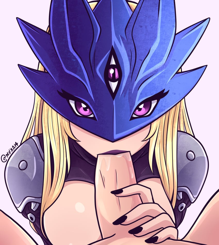 1boy 1girls 2024 3_eyes absurd_res beelstarmon black_fingernails blonde_hair blowjob breasts digimon digimon_(species) digiphilia fellatio female female_focus long_hair looking_at_viewer male male_pov mask multi_eye nyxai oral penis pov pov_eye_contact purple_eyes very_high_resolution