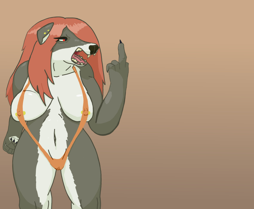 absurd_res ails angry anthro breasts canid canine canis clothed clothing ear_piercing female genitals gesture hand_gesture hi_res mammal middle_finger nipple_piercing nipples piercing pussy skimpy skimpy_swimwear solo wolf