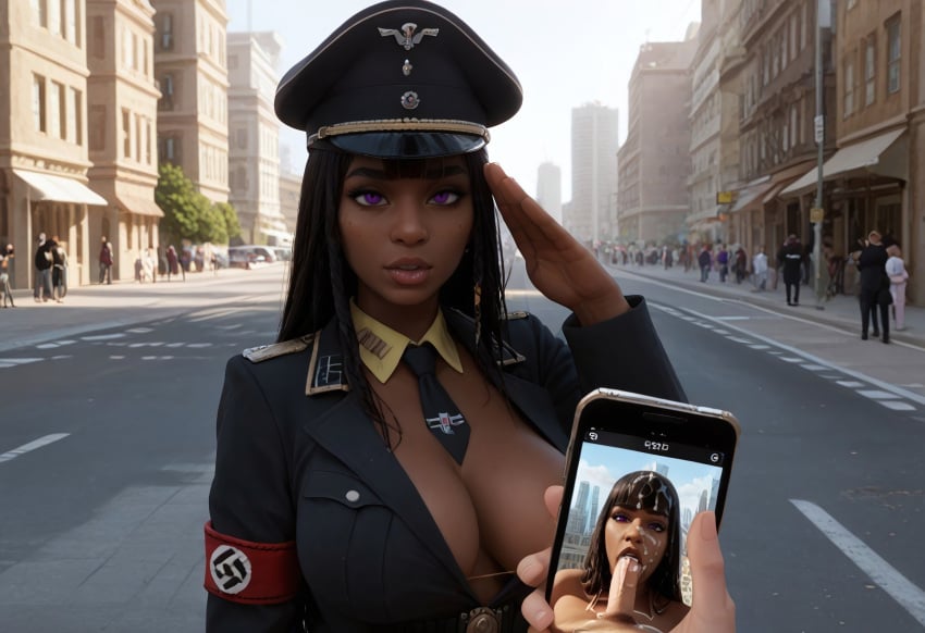 1girls ai_generated black_women blowjob cum_on_face dark-skinned_female interracial light-skinned_male oral phone_screen swastika wolfsangel