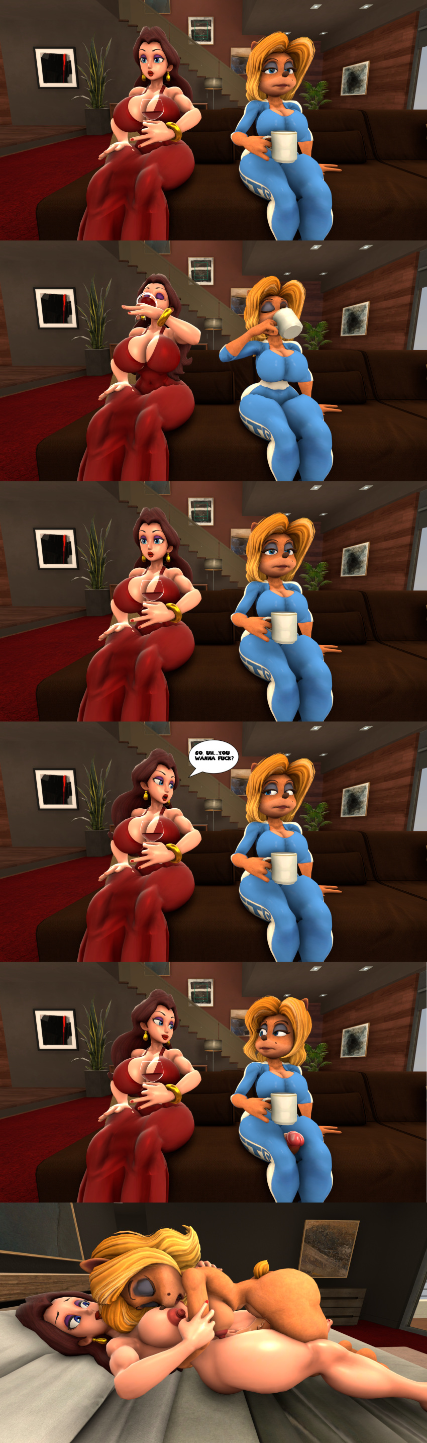 1futa 1girls 3d 3d_(artwork) 6_panel_comic activision anthro asking_for_it beauty_mark big_breasts big_thighs blonde_hair blue_eyes blue_eyeshadow bracelet breasts brown_hair clothed_to_nude comic crash_(series) crossover curvy drinking duo earrings eastern_and_western_character eyeshadow female/futanari female_human furry_futa furry_on_human futa_on_female futanari futanari/female half-closed_eyes holding_drink holding_mug holding_wine_glass human_on_anthro isabella_bandicoot light-skinned_female light_skin lips lipstick long_hair makeup mario_(series) nail_polish naked nintendo nipples nitro_squad nude nude_female nude_futanari pauline penis penis_out purple_eyeshadow red_lipstick red_nail_polish red_nails self_upload shoulder_length_hair smackrabbit source_filmmaker thick thick_hips thick_thighs thighs wide_hips