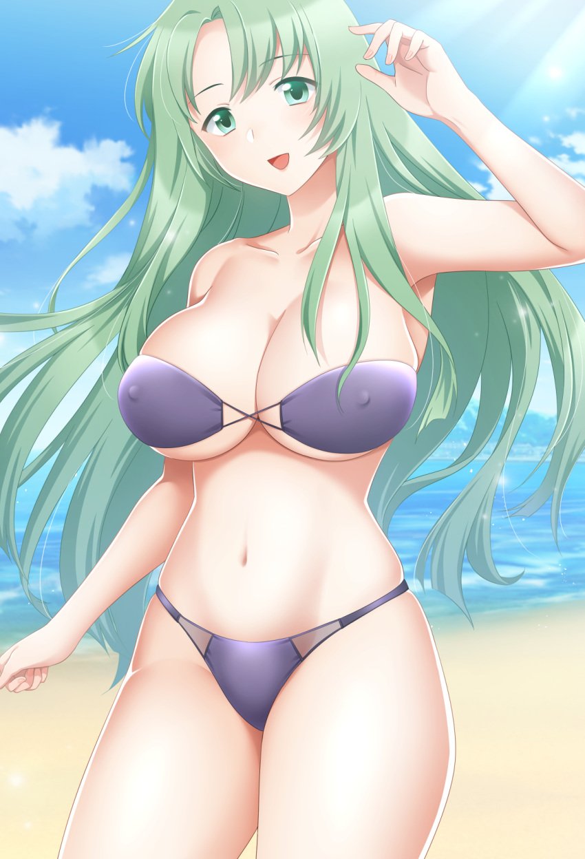 1girls alternate_costume beach bikini blue_sky breasts cecilia_(fire_emblem) cleavage cloud collarbone covered_nipples female female female_only fire_emblem fire_emblem:_the_binding_blade green_eyes green_hair ham_pon highres large_breasts long_hair looking_at_viewer navel nintendo ocean open_mouth outdoors pink_nails purple_bikini purple_swimsuit sand skindentation sky smile solo stomach sunlight swimsuit underboob water