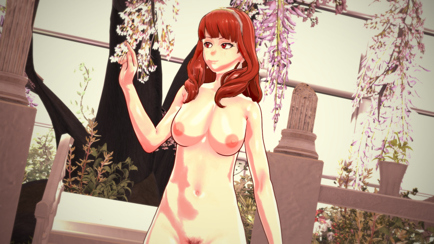 1girls 3d bangs bare_arms bare_midriff bare_shoulders breasts broken_pillar celica_(fire_emblem) collarbone exhibitionism female female_only female_pubic_hair fire_emblem fire_emblem_echoes:_shadows_of_valentia garden large_breasts medium_hair midriff nintendo nipples outdoors pillar plant pubic_hair red_eyes red_hair shoulders smile solo tiara tree zinn