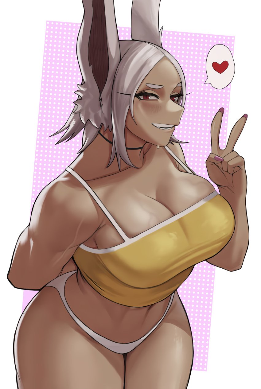 1girls 2023 abs absurd_res animal_ears arm_behind_back artist_name belly_button biceps big_breasts blush blushing_at_viewer boku_no_hero_academia breasts busty cleavage cleavage_overflow crop_top curvaceous curvy curvy_female dark-skinned_female dark_skin eyelashes female_only fit_female front_view fully_clothed gesture gud0c heart_symbol hi_res large_breasts legs_together looking_at_viewer medium_hair midriff mirko miruko muscular_arms muscular_female my_hero_academia nail_polish navel peace_sign pink_background pink_nails pose posing rabbit_ears rabbit_humanoid red_eyes rumi_usagiyama simple_background smile smiling smiling_at_viewer solo standing stomach straight_hair tank_top teeth thick_thighs thighs thighs_together thong topwear underwear_only usagiyama_rumi veiny_breasts voluptuous white_hair wide_hips