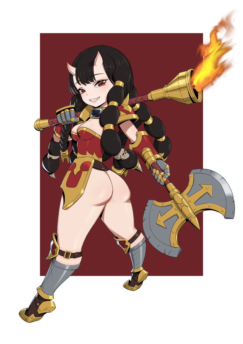 armor ass ass_focus axe black_hair braid braided_hair chaos_(warhammer) chaos_dwarf dwarf dwarf_female fangs female fire horn horns long_hair red_clothing red_eyes redcola666 shortstack skimpy skimpy_clothes solo solo_female tusks warhammer_(franchise) warhammer_fantasy weapon