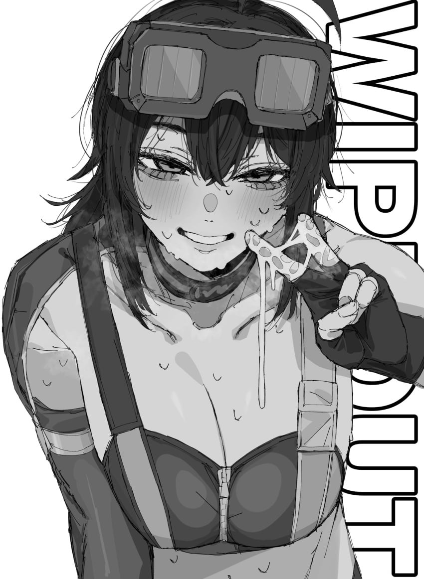 1girls big_breasts black_and_white carrot_011 clevage clothed female female_only fluids goggles goggles_on_head grace_howard grin hoyoverse huge_breasts large_breasts mechanic mihoyo monochrome peace_sign smile smiling tagme tomboy wet_fingers zenless_zone_zero