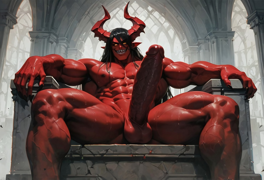 1demon 1male abs ai_generated balls ballsack biceps big_balls big_cock big_dick big_penis black_hair cock demon devilworship dick horns huge_cock huge_deltoids huge_dick huge_penis jagged_teeth large_cock large_dick large_pectorals large_penis male male_only muscular nipples orange_eyes pecs pectorals penis pointy_ears red_body red_skin sitting_on_throne smile smiling solo solo_male sweat sweaty sweaty_body testicles throne triceps vein veiny veiny_cock veiny_dick veiny_muscles veiny_penis