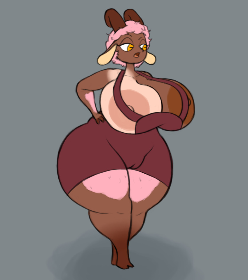 anthro big_breasts bovid breasts camel_toe caprine clothing female fusion goat hair hi_res horn huge_breasts jovi_cap mammal megan_(jovi_cap) orange_eyes overalls pink_hair solo thick_thighs