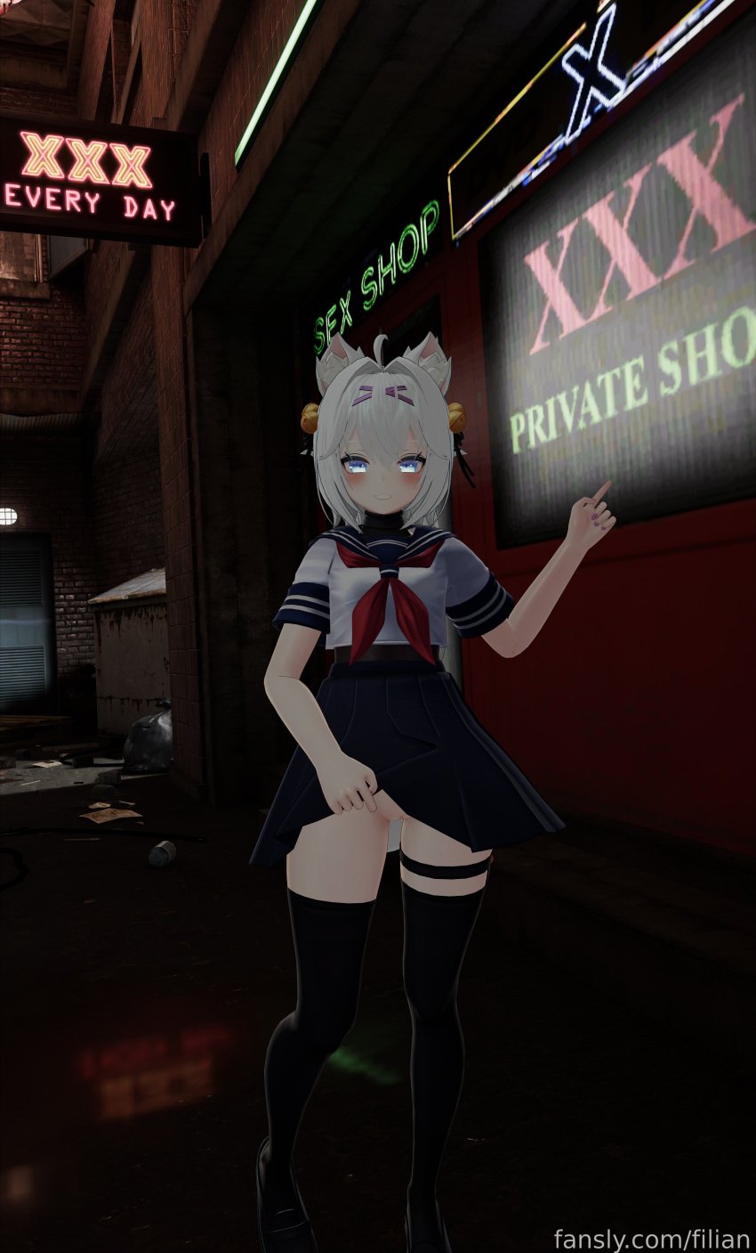 3d filian filian_(vtuber) fox_ears fox_girl fox_tail indie_virtual_youtuber light-skinned_female no_panties purple_eyes skirt straight virtual_youtuber vrchat vtuber white_hair