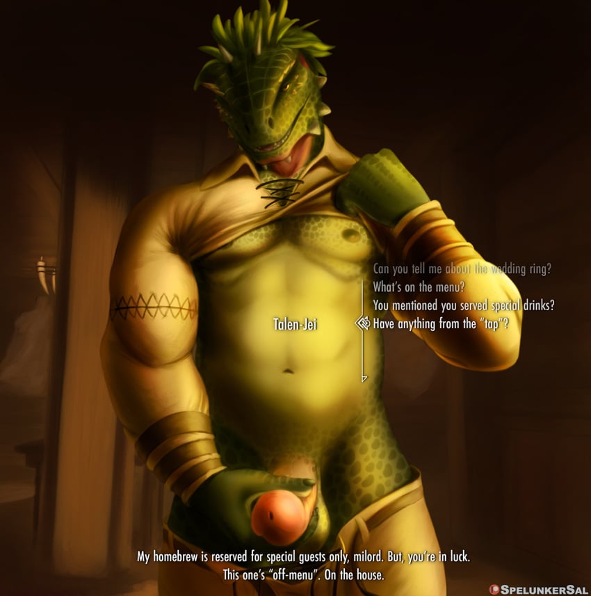 anthro argonian balls bethesda_game_studios bottomwear cheek_spikes claws clothed clothing clothing_lift dialogue english_text erection facial_spikes feather_hair feathers finger_claws gay genitals glans green_body green_scales gui hand_on_penis hi_res humanoid_genitalia humanoid_penis inside looking_at_viewer male male_only microsoft navel nipples non-mammal_balls non-mammal_nipples open_bottomwear open_clothing open_pants pants penis penis_towards_viewer pseudo_hair reptile scales scalie shaded shirt shirt_lift skyrim solo spelunker_sal spikes spikes_(anatomy) talen-jei tan_bottomwear tan_clothing tan_pants tan_shirt tan_topwear text the_elder_scrolls topwear yellow_eyes