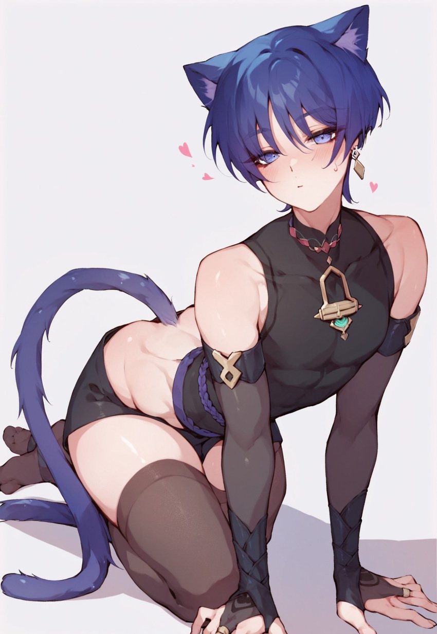 1boy ai_generated cat_boy cat_ears cat_tail catboy earrings femboy genshin_impact jewelry legendaer male male_only necklace otoko_no_ko otokonoko purple_eyes purple_hair scaramouche_(genshin_impact) shorts stockings tagme tail tight_clothing trap