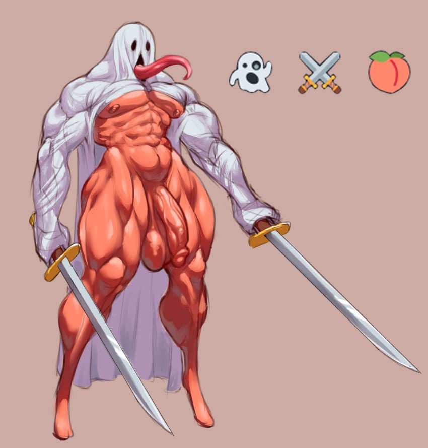 1boy abs bara big_balls big_dick big_penis double_swords emoji emojis fallameesto ghost_costume huge_balls huge_cock long_legs long_tonogue male male_only muscular muscular_legs muscular_thighs pecs penis penis_veins solo solo_male sword swords swordsman tongue veiny_penis