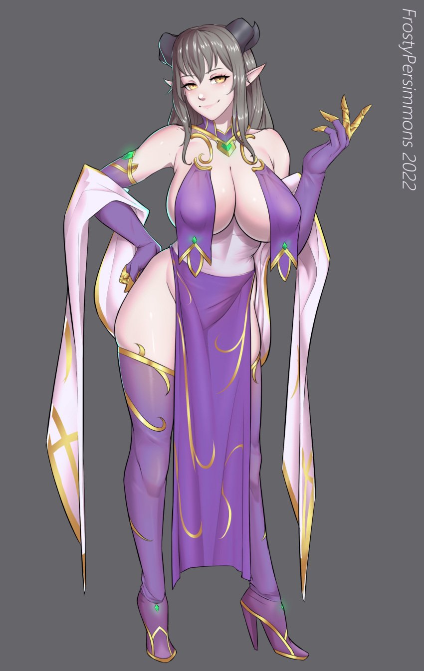 big_breasts big_thighs breast_curtains breasts elf elf_ears elf_female female frostypersimmons gray_hair grey_hair harem_outfit horn horns long_ears oc original original_character pointy_ears purple_clothing revealing_clothes sideboob skimpy skimpy_clothes smile smiling solo solo_female thighs yellow_eyes