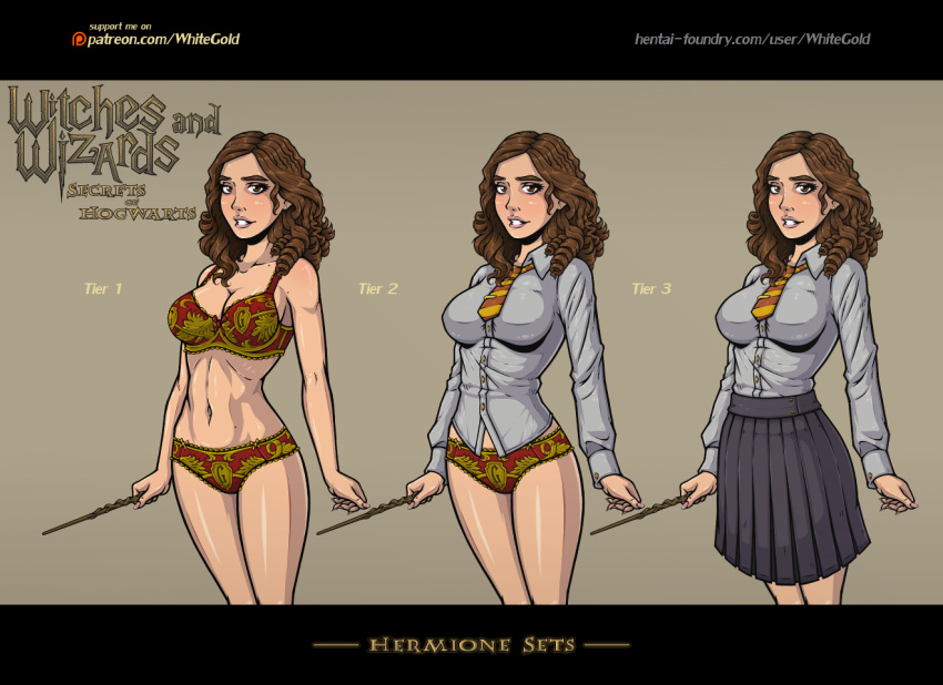 1girls bare_legs bra breasts brown_background brunette character_sheet cleavage clothed clothing curly_hair fantasy female female_only gryffindor gryffindor_tie harry_potter hermione_granger hogwarts_school_uniform hogwarts_student holding_weapon legs long_skirt magic_wand medium_breasts necktie panties parted_lips school_girl school_uniform schoolgirl schoolgirl_uniform shiny_skin shirt simple_background skirt smile solo standing teeth tie voluminous_hair wand weapon whitegold witch wizarding_world