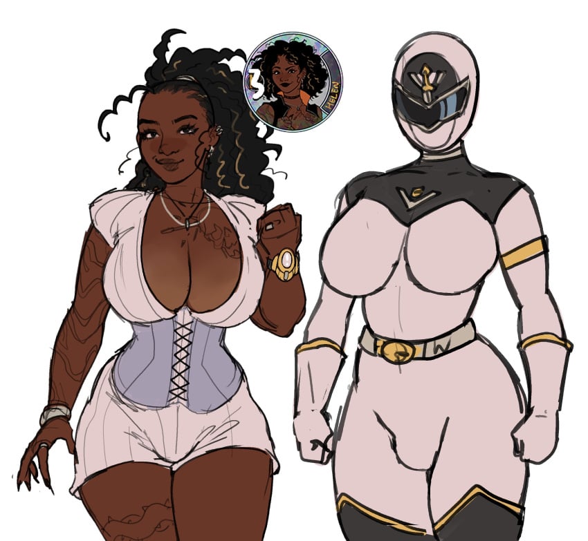 1futa big_breasts black_hair blanclauz bodysuit breasts bulge clothed clothing cosplay dark-skinned_futanari dark_skin flaccid fully_clothed futa_only futanari helen_(blanclauz) human long_hair mask solo standing super_sentai superheroine