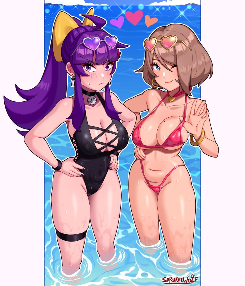 2girls breasts cleavage evalynn_(sarukaiwolf) female female_only looking_at_viewer oc original original_character purple_eyes purple_hair revealing_clothes sarukaiwolf skimpy_clothes swimsuit tagme violentine_(sarukaiwolf)