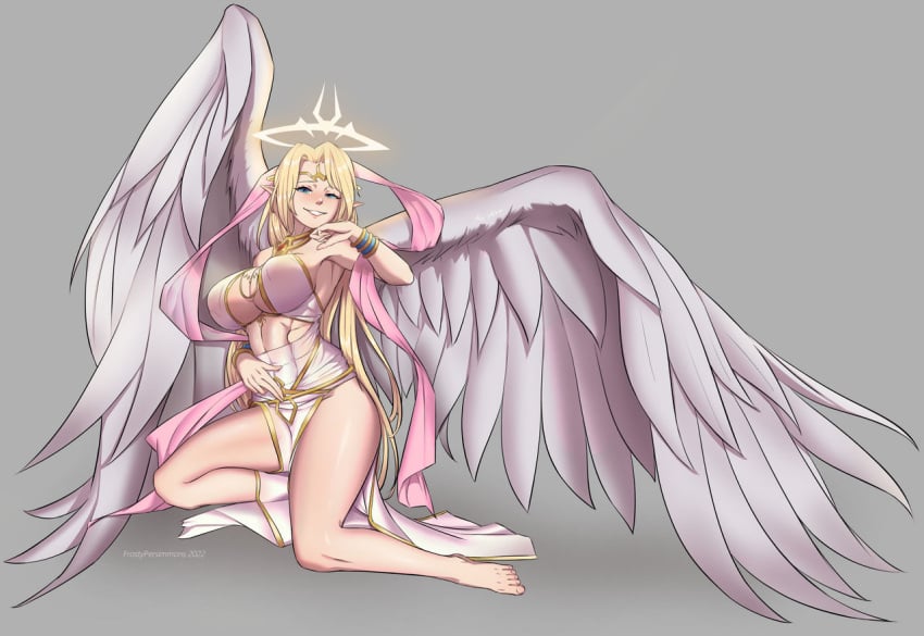 angel angel_wings big_breasts blonde_female blonde_hair blonde_hair blonde_hair_female blue_eyes breasts feathered_wings feathers female frostypersimmons halo ilias long_ears mon-musu_quest! monster_girl_quest pointy_ears see-through see-through_clothing skimpy skimpy_clothes smile smiling solo solo_female white_clothing white_wings