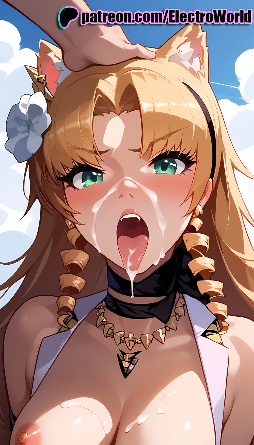 ai_generated arknights blush breasts clavicle electroworld eyelashes facial female female_only half-closed_eyes heart jewelry lips nipples nude nude_female open_mouth semen semen_in_mouth semen_on_body semen_on_breasts semen_on_hair semen_on_tongue semen_on_upper_body simple_background solo sperm swept_bangs swire_(arknights) teeth tongue tongue_out upper_body