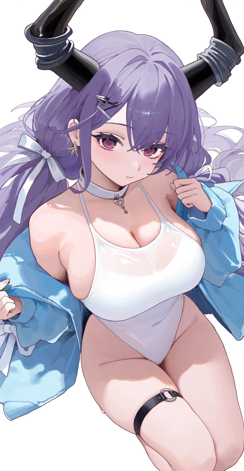 1girls arknights bare_shoulders big_breasts breasts chest cleavage collar earrings emotionless eyelashes female female_only hair_ribbon hairclip head_tilt highres hips horns juejue large_breasts legs light-skinned_female long_hair looking_at_viewer magenta_eyes navel_visible_through_clothes off_shoulder one-piece_swimsuit purple_eyes purple_hair sideboob solo swimsuit thigh_strap thighs typhon_(arknights) very_long_hair white_background white_one-piece_swimsuit white_swimsuit