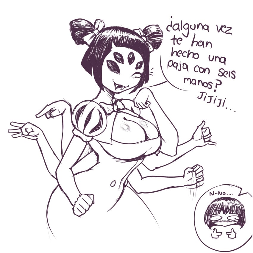 1boy1girl big_breasts female female_focus muffet sketch skullkidsak spanish_text suggestive suggestive_gesture suggestive_look text