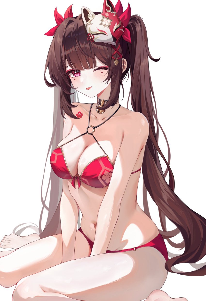 1girls 2d 2d_(artwork) belly_button bikini bikini_bottom bikini_top bra brown_hair cleavage female female_focus female_only fox_mask front_view high_resolution highres honkai:_star_rail honkai_(series) light-skinned_female light_skin long_hair looking_at_viewer lynn720 marking_below_eyes mask mask_on_head medium_breasts navel pink_eyes red_bikini_bottom red_bikini_top red_bra red_swimsuit red_thong simple_background sitting slim_girl smiling smiling_at_viewer solo solo_female solo_focus sparkle_(honkai:_star_rail) swimsuit thong twintails two_tone_hair white_background