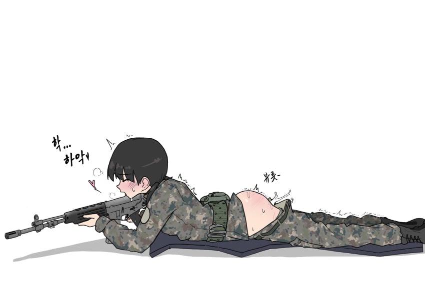 after_sex assault_rifle black_hair blush camouflage closed_eyes clothes_pull cum female female_focus from_side girls_und_panzer gun guropara holding holding_gun holding_weapon lying military military_uniform nina_(girls_und_panzer) on_stomach open_mouth pants pants_pull short_twintails solo sweat twintails uniform weapon