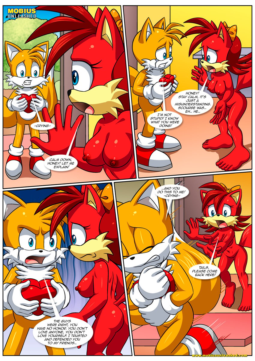 1boy 1girls anthro ass barefoot bbmbbf breasts comic crying dialogue female fiona_fox let_me_love_you_(comic) male miles_prower mobian_(species) mobius_unleashed nipples nude palcomix pussy sega sonic_(series) sonic_the_hedgehog_(series) tails_the_fox tears