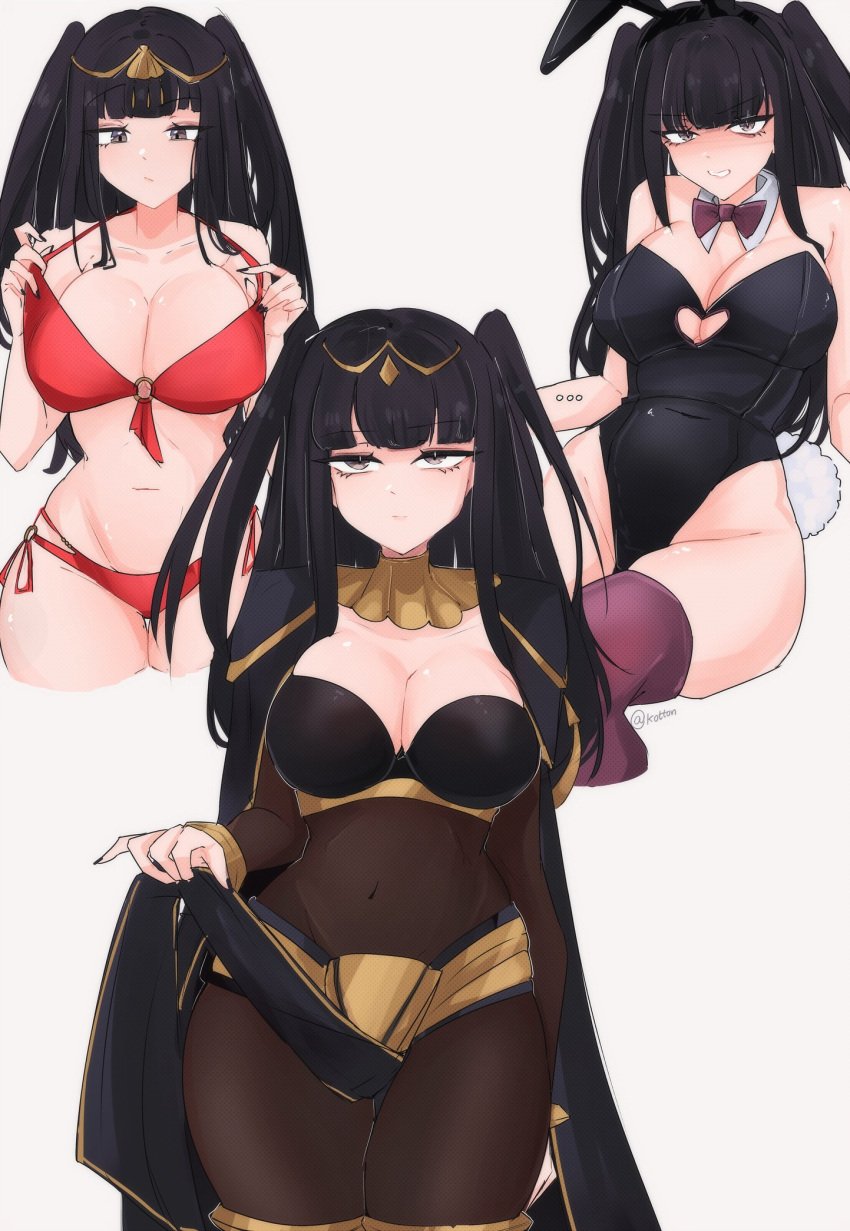 1girls alternate_costume bikini black_hair bodystocking breasts bunny_ears bunny_girl bunnysuit cleavage collarbone fake_animal_ears fire_emblem fire_emblem_awakening fire_emblem_heroes grey_eyes highres large_breasts looking_at_viewer navel nintendo official_alternate_costume playboy_bunny red_bikini red_swimsuit serafineart1001 solo stomach swimsuit tharja_(fire_emblem) tharja_(summer)_(fire_emblem)