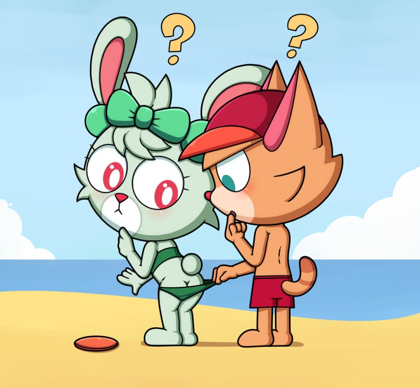 1boy 1boy1girl 1girls accessory anthro ass beach bikini blush bunny_(ajmarekart) clothing coppertone_(sunscreen) cub curious duo eyelashes felid female frisbee fur green_body green_fur hair_accessory hair_ribbon jimmy_(ajmarekart) kcn lagomorph looking_back male mammal murphy_and_mitzi orange_body orange_fur ribbons straight swimming_trunks swimwear two-piece_swimsuit young young_anthro