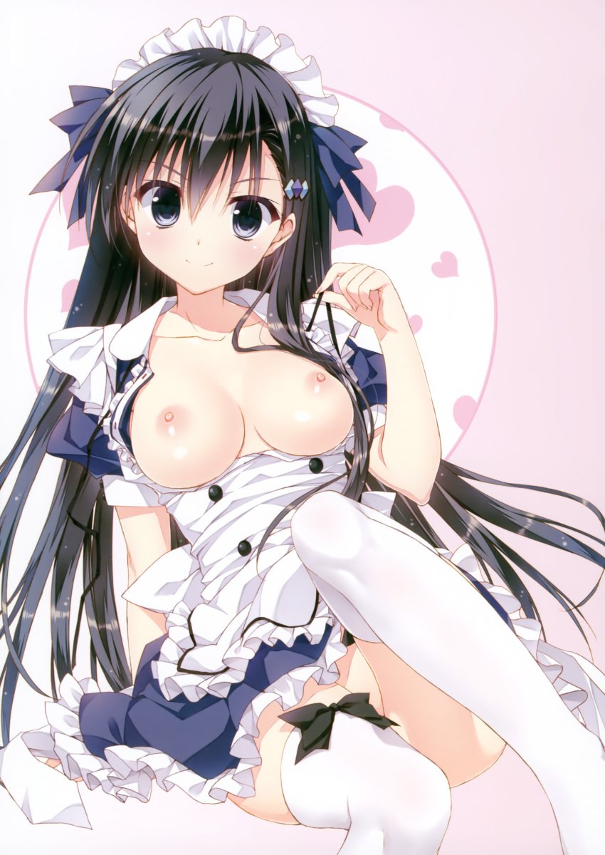 absurdres akiyoshi_fuyuka black_hair blue_eyes breasts dress female highres kanojo_no_seiiki long_hair maid_headdress medium_breasts nipples no_bra no_panties open_clothes open_dress ryohka ryouka_(suzuya) sitting solo thighhighs white_legwear