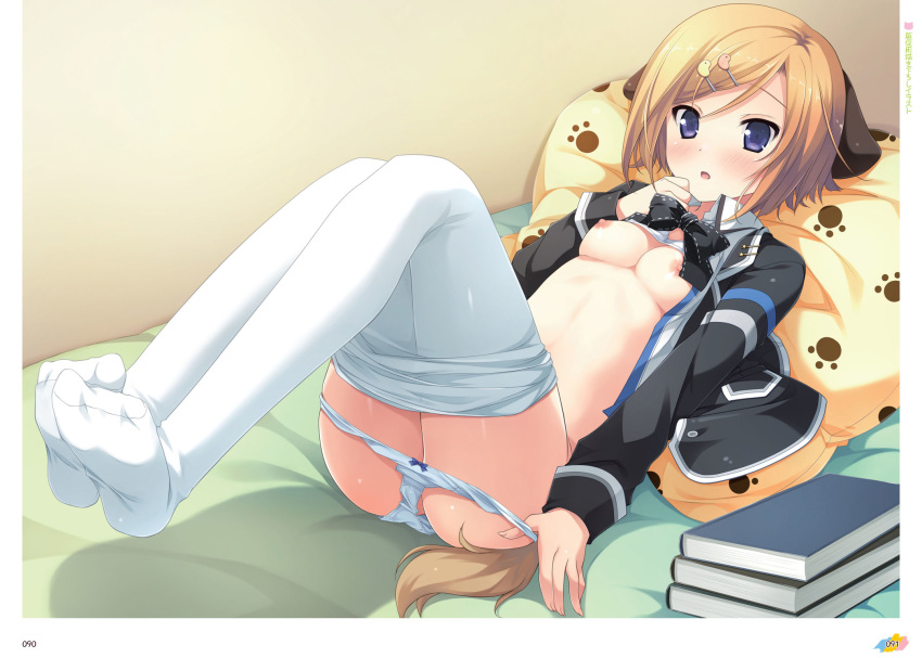 animal_ears bed blue_bow blue_eyes book bow bow_panties bra bra_lift breasts feet_together female hair_ornament highres ikegami_akane imouto_no_okage_de_mote_sugite_yabai indoors light_brown_hair lossy-lossless lying mizunashi_miya nipples no_shoes on_back open_clothes open_mouth open_shirt panties panty_pull pantyhose pantyhose_pull shirt short_hair small_breasts solo tail underwear white_bra white_legwear white_panties