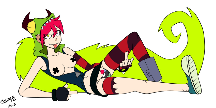 2017 black_tape breasts casper_(artist) demencia_(villainous) middle_finger pubic_hair punk red_hair stockings tongue villainous