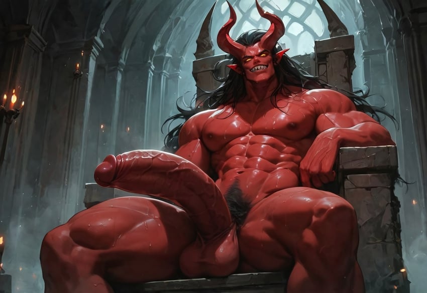 1boy 1demon abs ai_generated balls ballsack big_balls big_cock big_dick big_penis big_testicles black_hair cock deltoids demon devilworship dick horns huge_balls huge_cock huge_dick huge_penis huge_testicles jagged_teeth large_balls large_cock large_dick large_pectorals large_penis large_testicles male male_nipples male_only male_pubic_hair massive_cock massive_dick massive_penis muscular nipples orange_eyes pecs pectorals penis pointy_ears pubes pubic pubic_hair red_body red_skin sitting_on_throne smile sweat sweaty sweaty_body testicles throne vein veins veiny veiny_cock veiny_dick veiny_penis