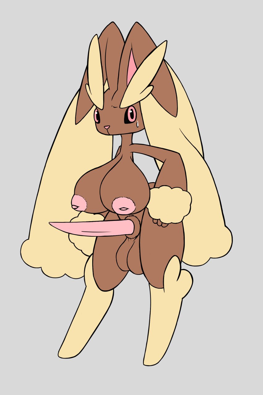 absurd_res animal_genitalia anthro balls big_balls big_breasts big_penis bodily_fluids boots breasts brown_body clothing digital_drawing_(artwork) digital_media_(artwork) erection floppy_ears flustered footwear frown_eyebrows fur fur_boots fur_pattern generation_4_pokemon genitals herm hi_res huge_breasts intersex inverted_nipples lagomorph leporid lop_ears lopunny mammal nintendo nipples nude penis pokemon pokemon_(species) rabbit sheath sheep_magik shoes simple_background solo sweat sweatdrop tail