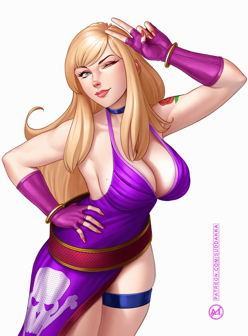 b.jenet big_breasts blonde_hair cleavage fatal_fury female female_only suddakka thick_thighs wink