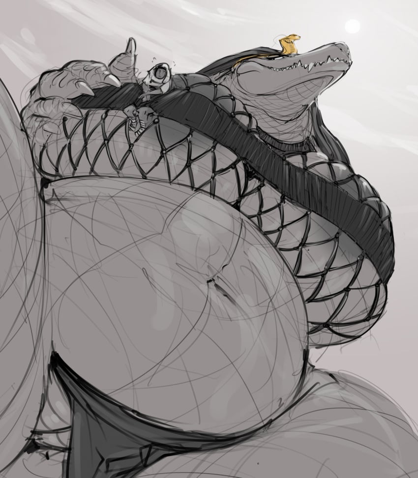 anthro belly big_belly big_breasts breasts clothed clothing crocodile crocodilian crocodylid deity doctordj duo extreme_size_difference female genitals hi_res huge_breasts human larger_anthro larger_female low-angle_view macro male mammal overweight overweight_anthro overweight_female partially_clothed pussy reptile scalie sharp_teeth size_difference skimpy smaller_human smaller_male teeth uraeus