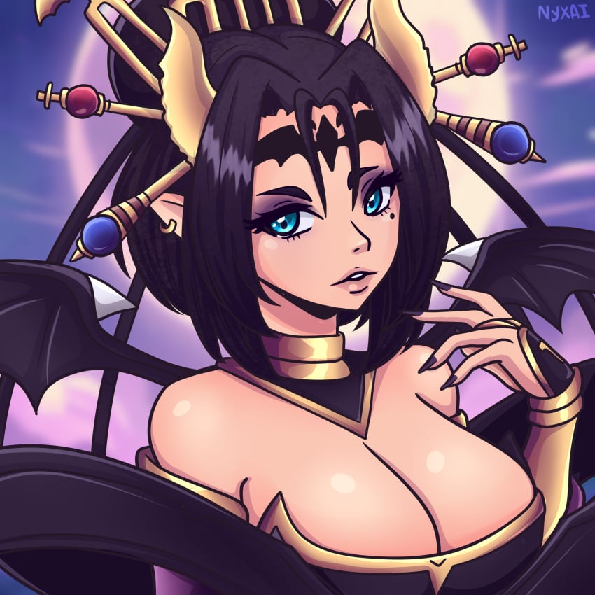 1girls 2023 big_breasts black_hair blue_eyes cleavage demon demon_girl demon_horns demon_wings digimon digimon_(species) earrings eyelashes eyeshadow female female_only forehead_mark hair_ornament horns lilithmon looking_at_viewer mole mole_under_eye nyxai pointy_ears portrait seven_great_demon_lords solo succubus tied_hair very_high_resolution wings