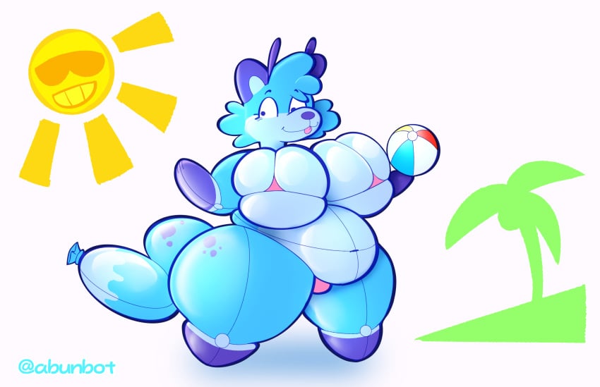 abunbot animate_inanimate anthro azule_(jiggledoggle) canid canine canis clothing digital_media_(artwork) domestic_dog female hi_res inflatable living_inflatable mammal pool_toy simple_background slightly_chubby slightly_chubby_female smile solo swimwear tail