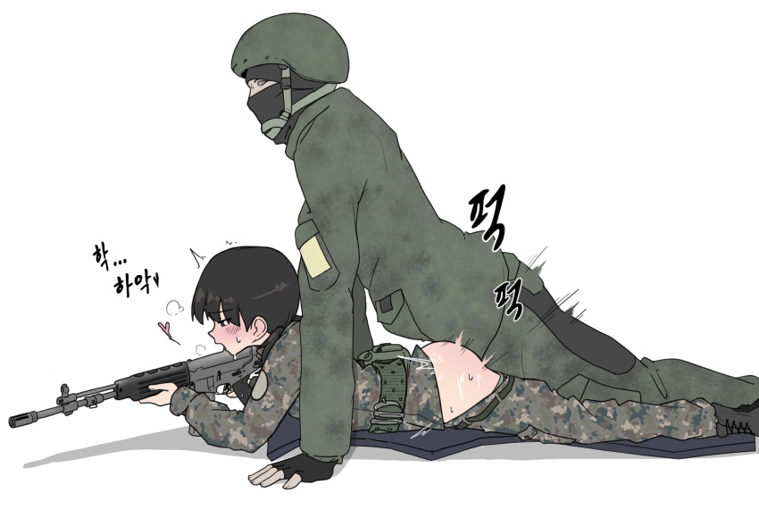 1boy arm_support assault_rifle black_eyes black_hair blush camouflage clothed_sex clothes_pull combat_helmet female from_side girls_und_panzer gun guropara helmet holding holding_gun holding_weapon lying military military_uniform nina_(girls_und_panzer) on_stomach open_mouth pants pants_pull prone_bone rape sex sex_from_behind short_twintails straight sweat twintails uniform weapon