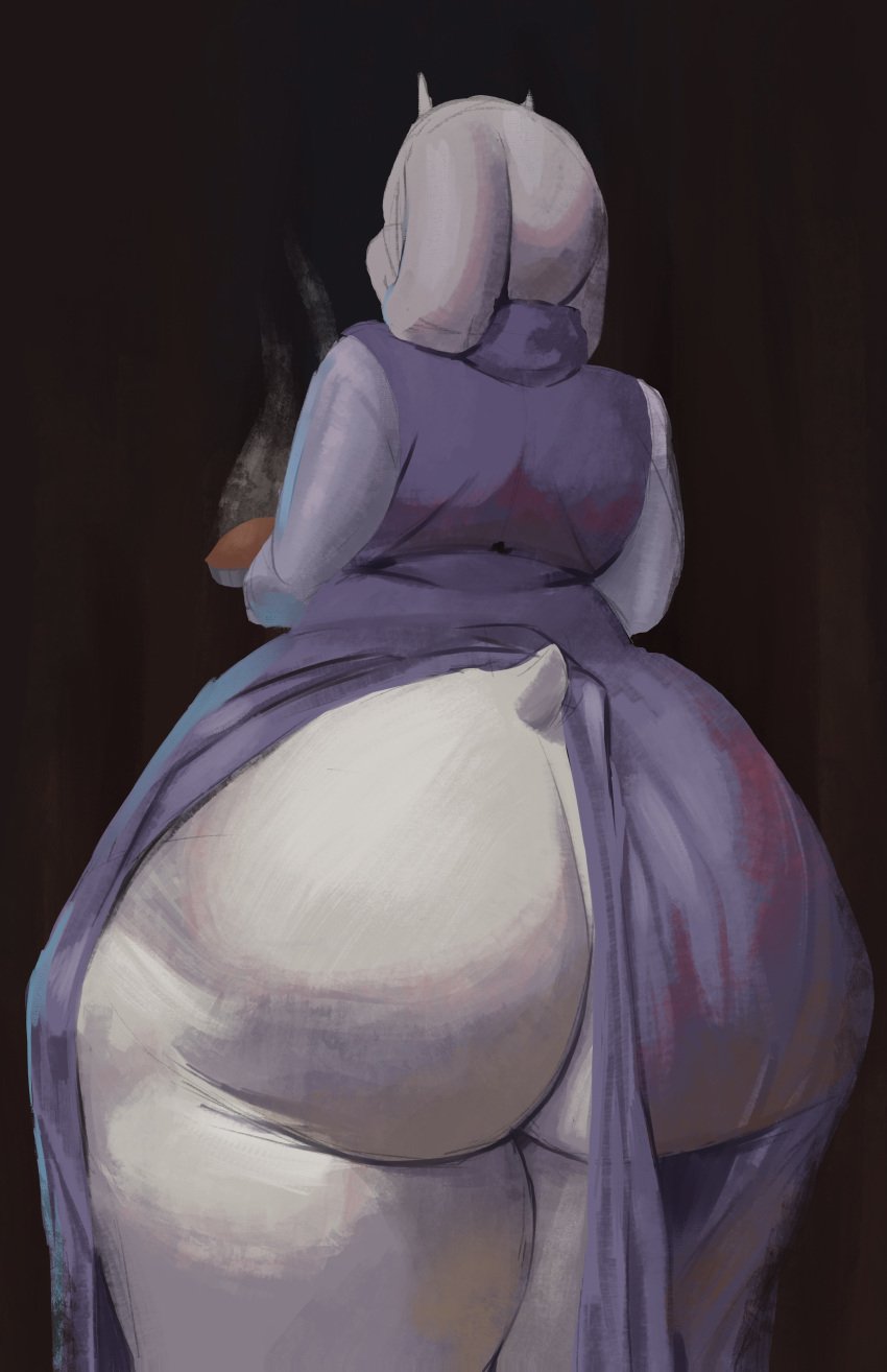 2_horns absurd_res anthro ass big_butt boss_monster_(undertale) bovid caprine clothing exposed_butt female floppy_ears food fur goat hi_res horn huge_butt huge_thighs long_ears mammal pastry pie plok902 purple_clothing purple_robe rear_view robe scut_tail short_tail simple_background solo standing tail thick_thighs toriel undertale_(series) white_body white_fur white_horn white_tail