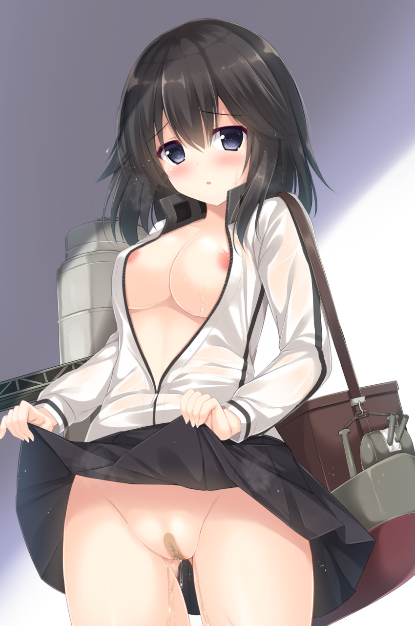 alternate_hairstyle areola_slip areolae bandaid bandaid_on_pussy black_hair black_skirt blue_eyes blush breasts female hayasui_(kantai_collection) highres jacket kantai_collection large_breasts long_sleeves looking_at_viewer machinery miniskirt nipple_slip nipples no_bra no_panties open_clothes open_jacket open_mouth pleated_skirt pussy_juice short_hair skirt skirt_lift solo sweat tomoo_(tomo) track_jacket turret wet wet_clothes