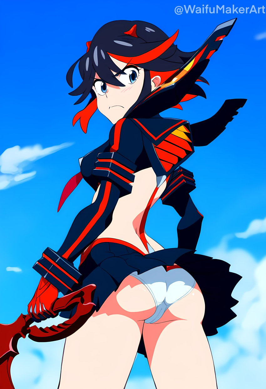 1girls adult_swim ai_generated ass female female_only hi_res high_resolution highres kill_la_kill looking_at_viewer looking_back matoi_ryuuko medium_breasts outdoors outercourse panties pinup skirt skirt_lift suspenders toonami waifumakerart white_panties