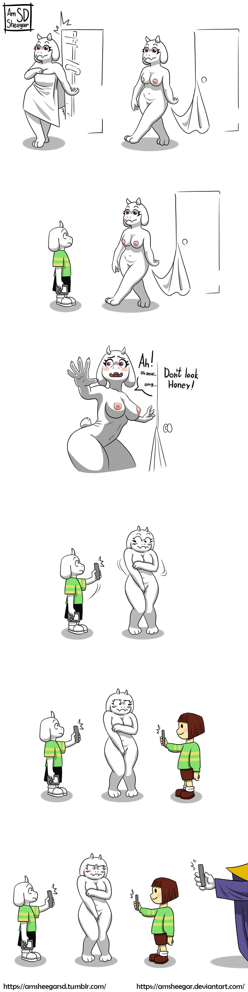 1ambiguous 1girls 2boys ambiguous_gender amsheegar asgore_dreemurr asriel_dreemurr breasts chara comedy comic_strip covering_breasts covering_crotch embarrassed embarrassed_nude_female english_text funny goat goat_girl goat_humanoid horns humor male medium_breasts nipples red_eyes taking_photo text toriel towel undertale undertale_(series) white_body