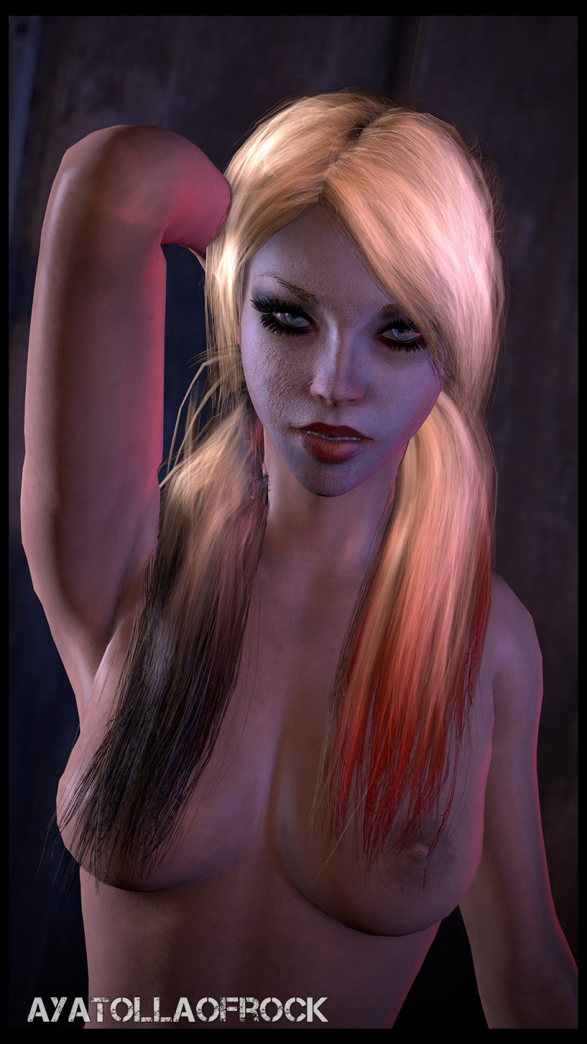 1girls 3d armpits artist_name ayatollaofrock bare_shoulders batman:_arkham_knight batman_(series) black_hair blonde blonde_hair blue_eyes breasts completely_naked completely_naked_female completely_nude completely_nude_female dc dc_comics eyelashes facepaint facial_mark female female_only harley_quinn harley_quinn_(arkham) harley_quinn_(arkham_knight) human large_breasts lipstick long_hair looking_at_viewer makeup multicolored multicolored_hair nipples red_hair solo source_filmmaker supervillain tied_hair topless twintails upper_body villain